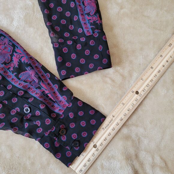 Free People Black Floral Button Blouse Long Sleeves Pockets Semi Sheer XS Hi Low - Picture 8 of 12